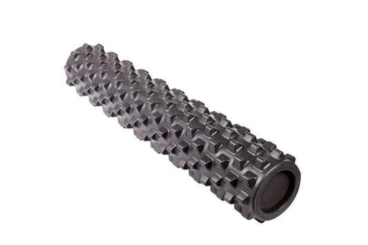 Black textured foam roller with pyramid-shaped knobs throughout, cylindrical shape on white background