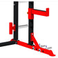 Warrior Elite 1.0 squat rack with red and black steel frame, adjustable barbell arms, and foot pegs on white background