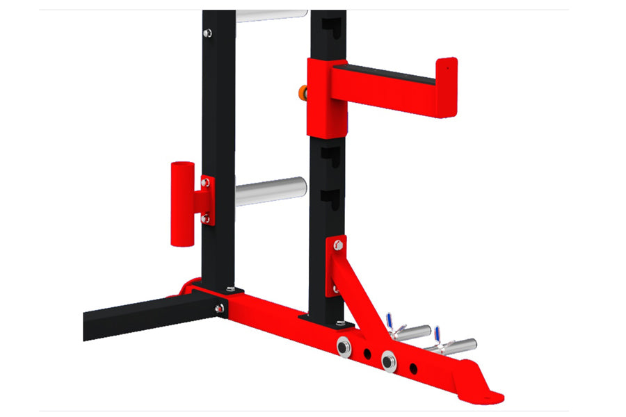 Warrior Elite 1.0 squat rack with red and black steel frame, adjustable barbell arms, and foot pegs on white background
