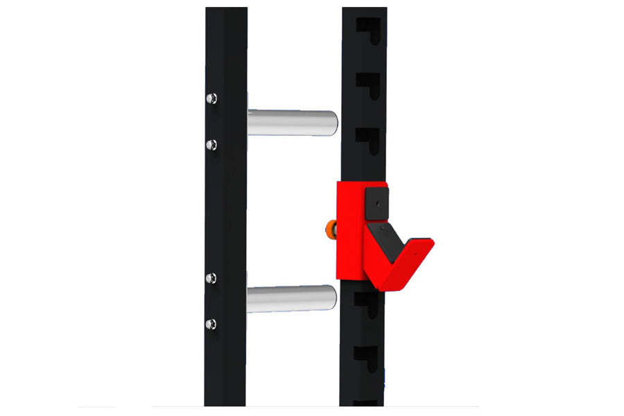 Warrior Elite 1.0 squat rack with black uprights, silver barbell holders, and red safety spotter arms on white background