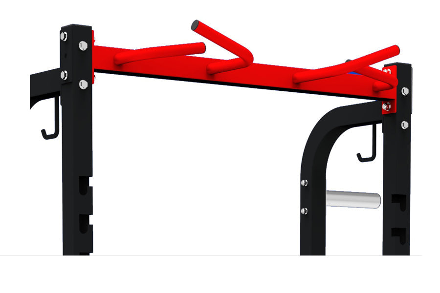 Black and red squat rack with adjustable J-hooks, pull-up bar, and weight plate storage pegs on white background