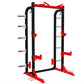 Black and red squat rack with adjustable safety bars, j-hooks, and dip attachment on white background