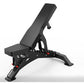 Black adjustable weight bench with padded seat and backrest, red adjustment handles, wide stable base on white background