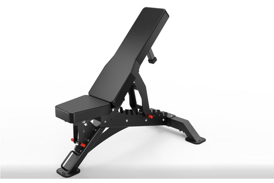 Black adjustable weight bench with padded seat and backrest, red adjustment handles, wide stable base on white background