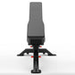 Black and gray adjustable weight bench with padded backrest, wide base, and red adjustment handles on white background