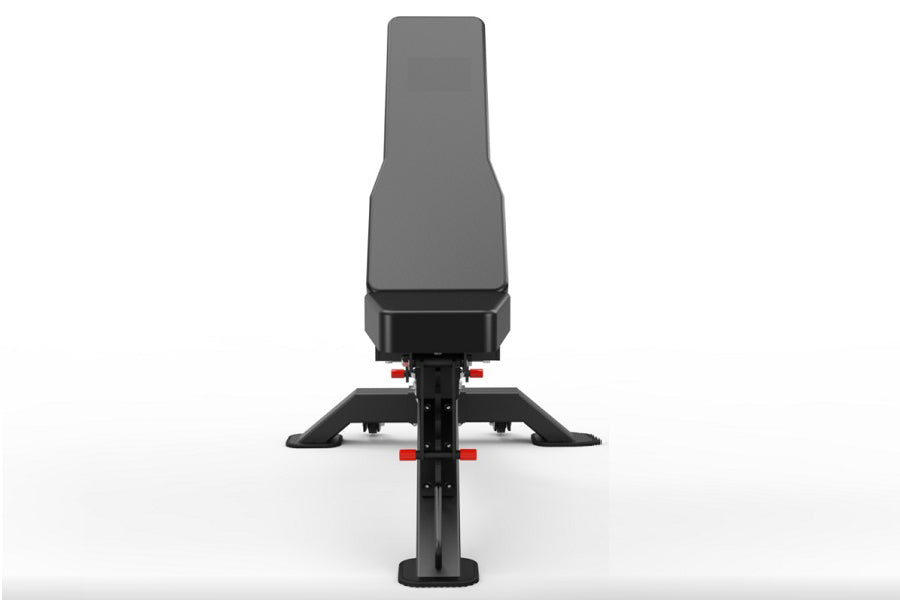 Black and gray adjustable weight bench with padded backrest, wide base, and red adjustment handles on white background