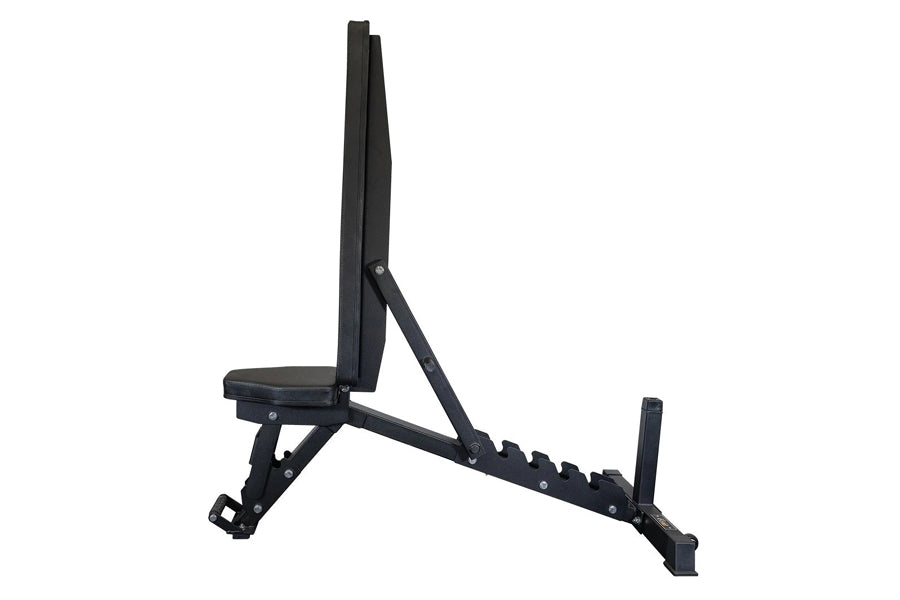 Black adjustable weight bench with padded seat and backrest, metal frame with leg extension attachment, on white background