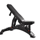 Warrior 201 adjustable heavy-duty weight bench with black padded seat and backrest, angled leg press footplate, red adjustmen