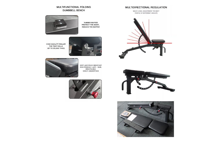Black multifunctional folding dumbbell bench with adjustable backrest, rubber padding, and high-quality rollers, shown in mul