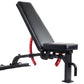 Warrior 500 adjustable weight bench with black padded seat, red accent supports, and attached leg extension on white backgrou