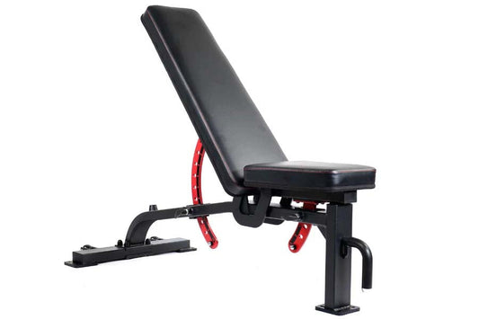 Warrior 500 adjustable weight bench with black padded seat, red accent supports, and attached leg extension on white backgrou