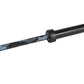 Warrior barbell with black Cerakote finish and blue camouflage pattern sleeve, 6-bearing construction on white background