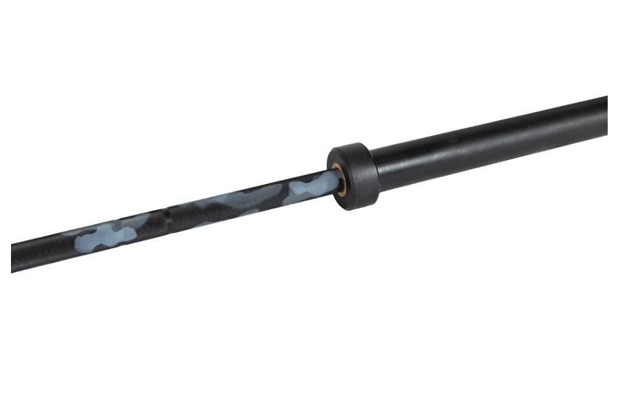Warrior barbell with black Cerakote finish and blue camouflage pattern sleeve, 6-bearing construction on white background