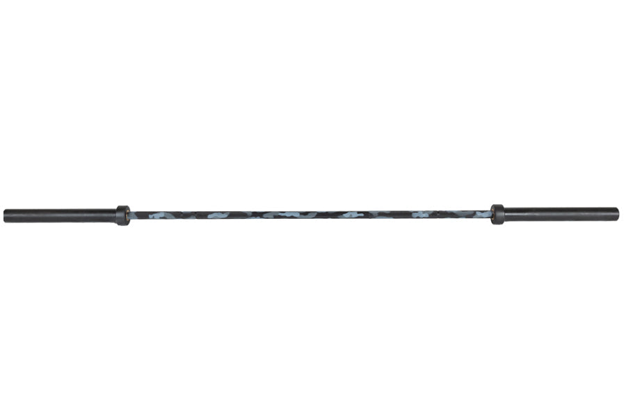 Warrior 6-bearing barbell with black Cerakote sleeves and blue camouflage knurled center shaft on white background