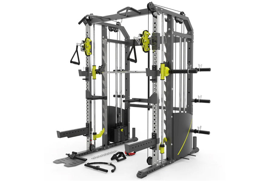 Warrior 701 gray and lime functional trainer with cable crossover, smith cage, and weight stack on white background