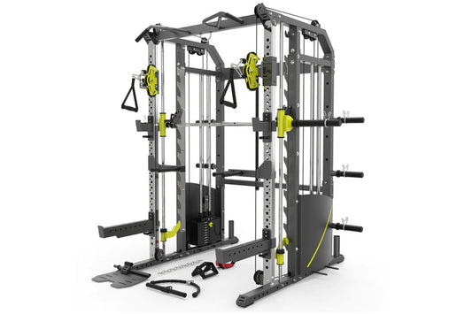 Warrior 701 gray and lime functional trainer with cable crossover, smith cage, and weight stack on white background