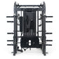 Black multi-function power rack with integrated cable machine, smith cage, and functional trainer attachment on white backgro