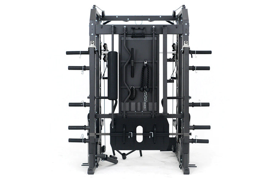 Black multi-function power rack with integrated cable machine, smith cage, and functional trainer attachment on white backgro