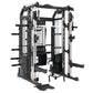 Black and white multi-functional home gym equipment with dual cable towers, Smith machine cage, and adjustable weight pegs on