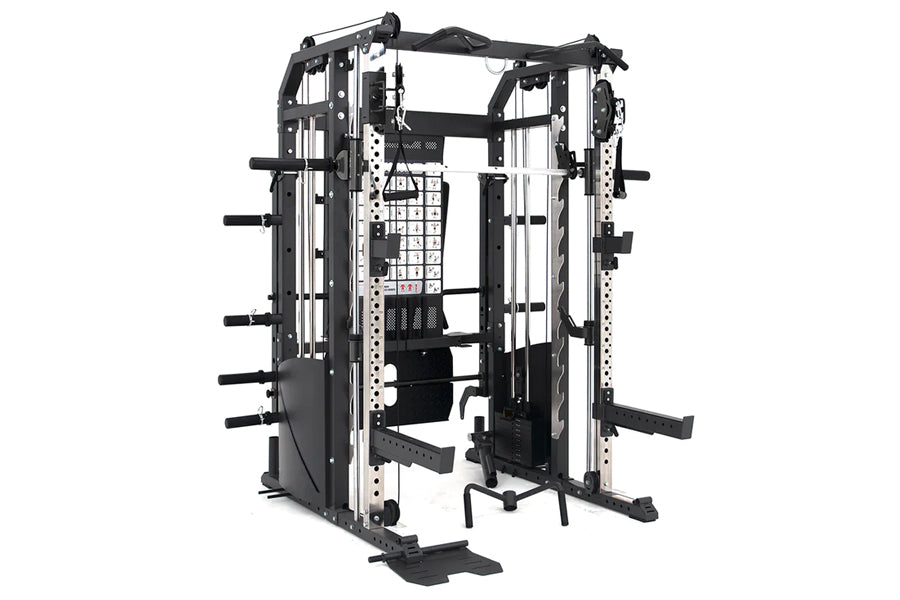 Black and white multi-functional home gym equipment with dual cable towers, Smith machine cage, and adjustable weight pegs on