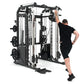 Man in black shirt and shorts using black and silver Smith machine with cable crossover attachment, on white background