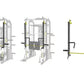 Warrior 701 all-in-one power rack with functional trainer and cable crossover, gray steel frame with yellow accents, shown fr