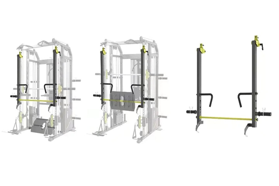 Warrior 701 all-in-one power rack with functional trainer and cable crossover, gray steel frame with yellow accents, shown fr