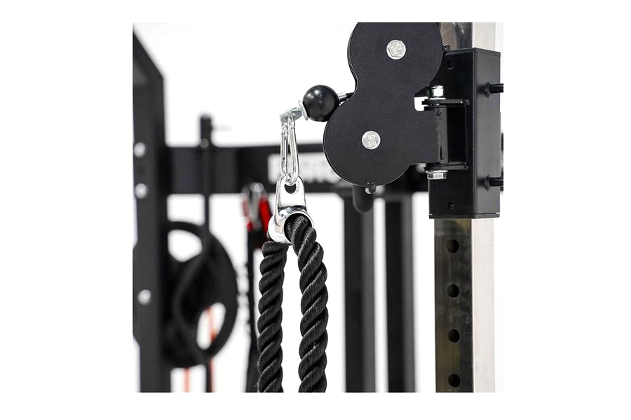 Black metal cable pulley system with dual rope attachment and counter-balanced mechanism mounted on power rack frame
