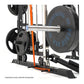 Black and orange all-in-one functional trainer with cable crossover, smith machine, and weight plate storage on white backgro