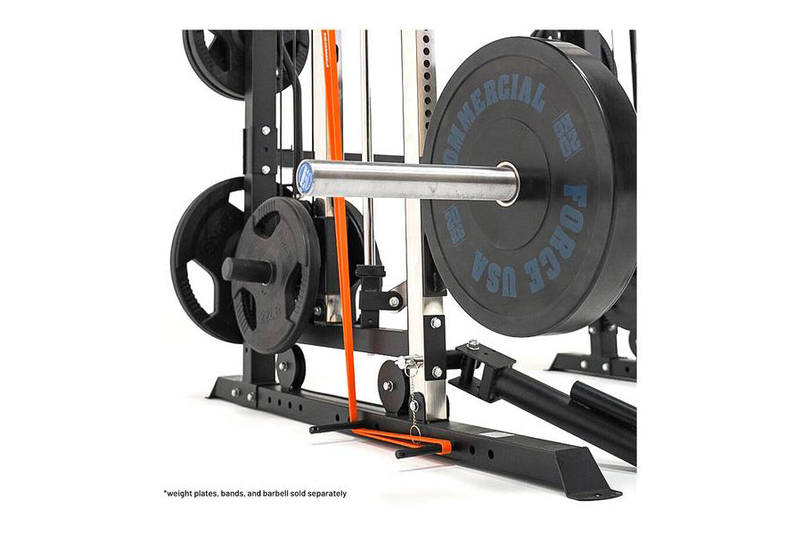 Black and silver power rack with orange accents, featuring weight plates on barbell, cable pulley system, and smith machine a