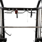 Warrior 801 Pro power rack with black frame, chrome bar, cable pulleys, and red pulley system on white background