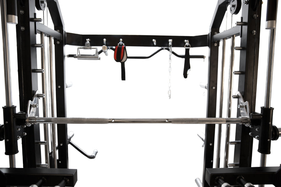 Warrior 801 Pro power rack with black frame, chrome bar, cable pulleys, and red pulley system on white background