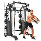 Black and white multi-function power cage with cables, pulleys, and smith machine bar, shown with shirtless male model using 