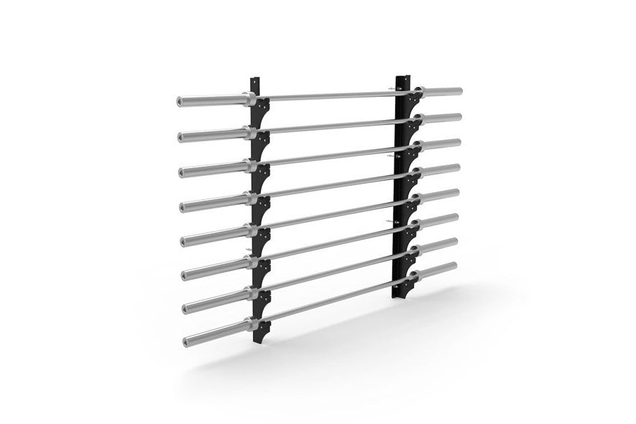 Warrior 8 bar gun rack with black mounting brackets and silver horizontal bars on white background
