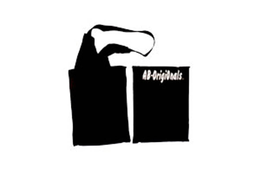 Black canvas tote bag with white rope handles and "AB Originals" text printed on front, shown flat lay on white background