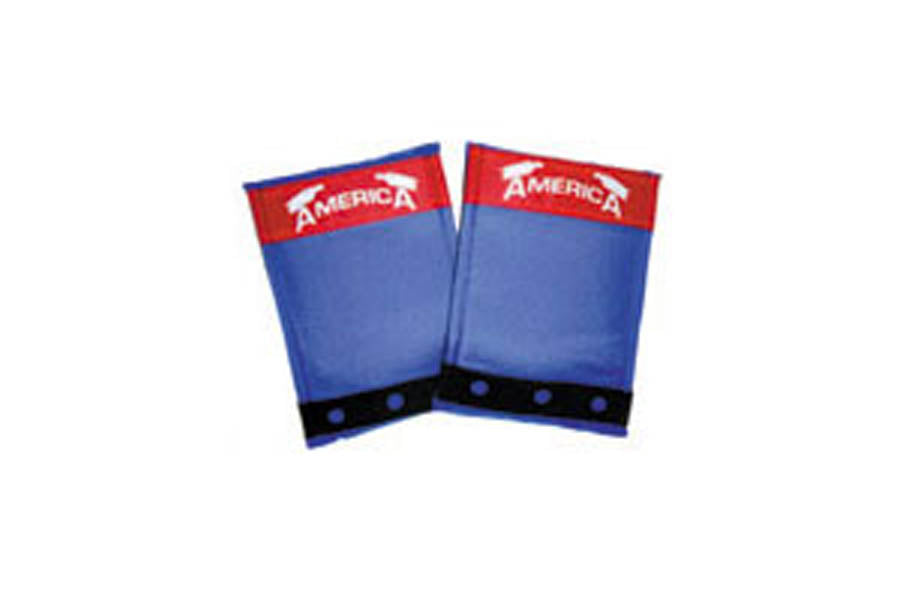 Pair of blue and red Warrior Ab Originals hand wraps with black wrist strap on white background