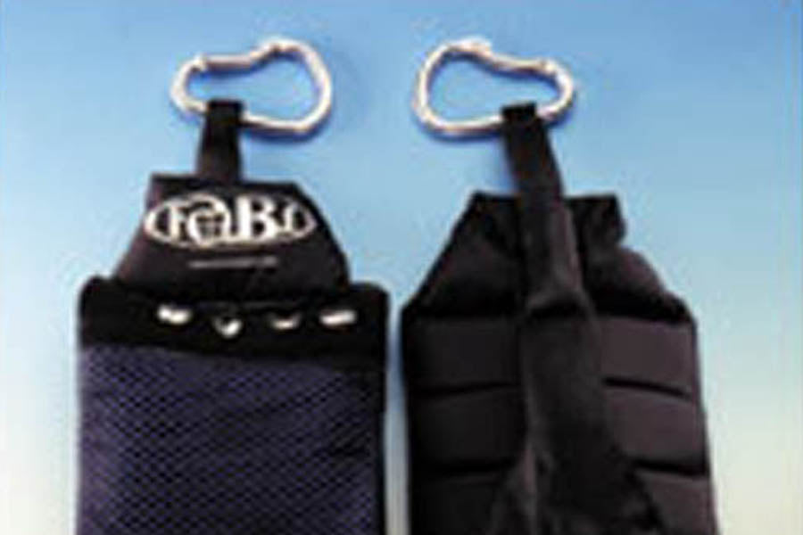 Black Drabo speaker keychain with carabiner clip, shown front and back views against blue background