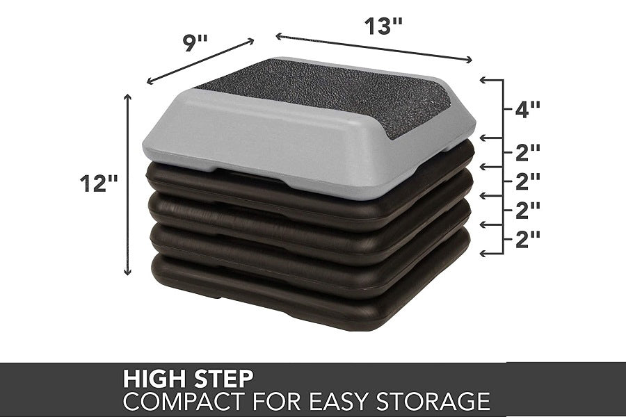 Warrior Aerobic High Step platform with gray top, black base, and textured surface, shown with dimension measurements
