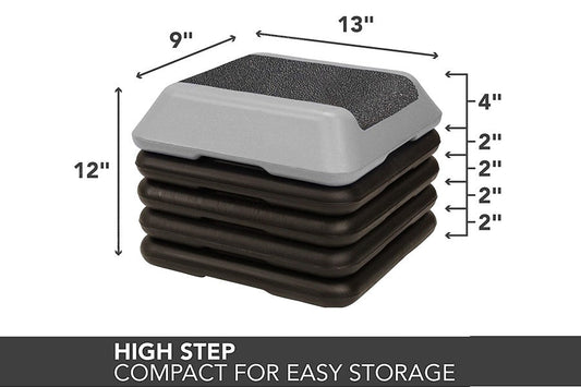 Warrior Aerobic High Step platform with gray top, black base, and textured surface, shown with dimension measurements