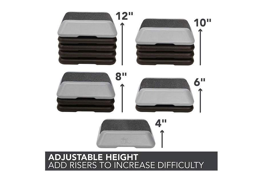 Warrior Aerobic High Step in five adjustable heights from 4 to 12 inches with gray and black risers on white background