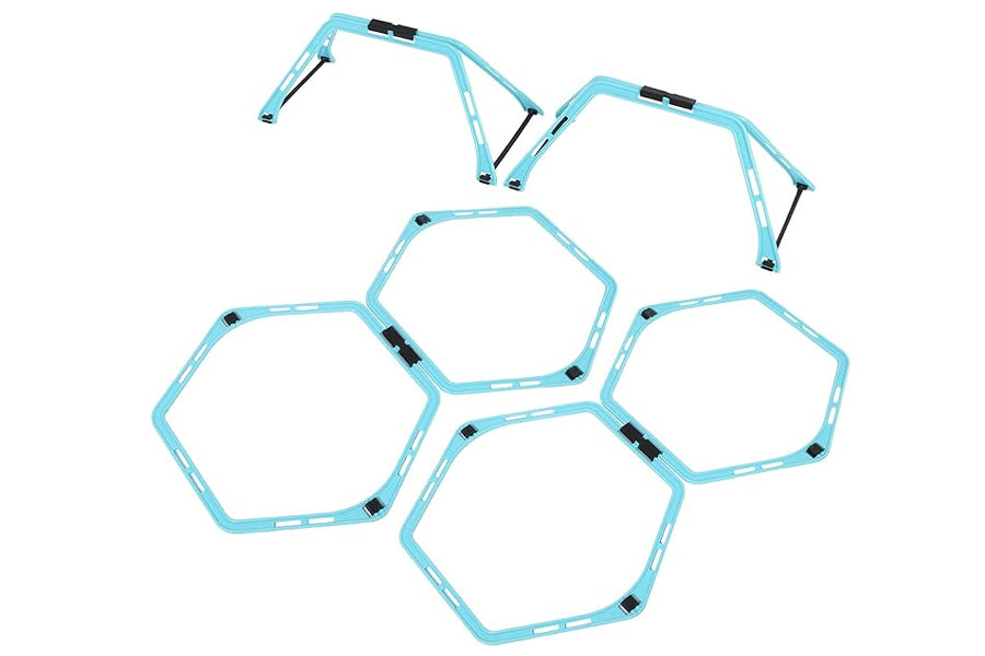 Bright blue hexagonal agility ladder and hurdle set with black connector joints, displayed in flat lay arrangement on white b