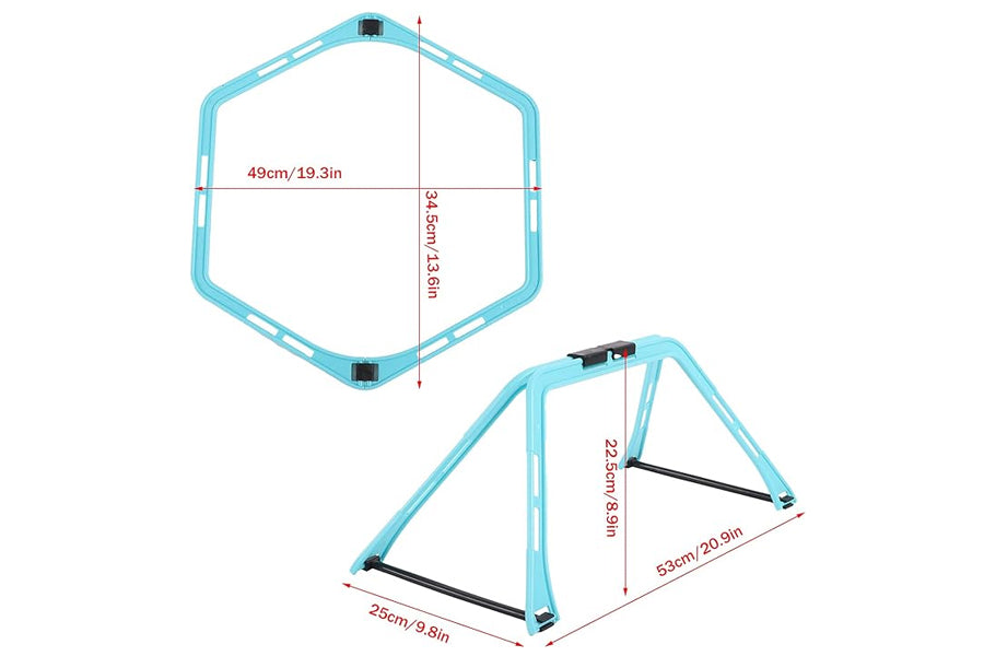 Warrior hexagonal agility ladder and hurdle set in bright blue with black straps, shown flat and assembled with dimensions la