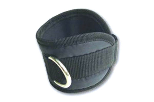 Warrior ankle cuff with welded D ring in charcoal gray neoprene, flat lay on white background