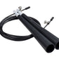 Double-handle jump rope with black foam grips, steel cable, and adjustable length on white background
