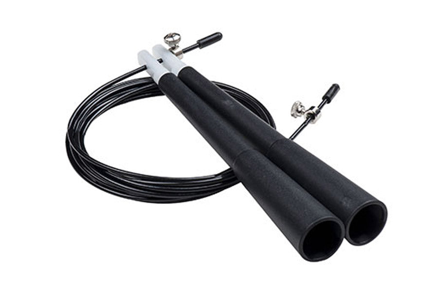 Double-handle jump rope with black foam grips, steel cable, and adjustable length on white background