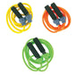 Three jump ropes with black foam handles and plastic connectors in yellow, orange, and green, coiled on white background
