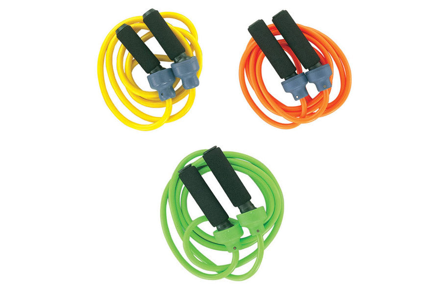 Three jump ropes with black foam handles and plastic connectors in yellow, orange, and green, coiled on white background