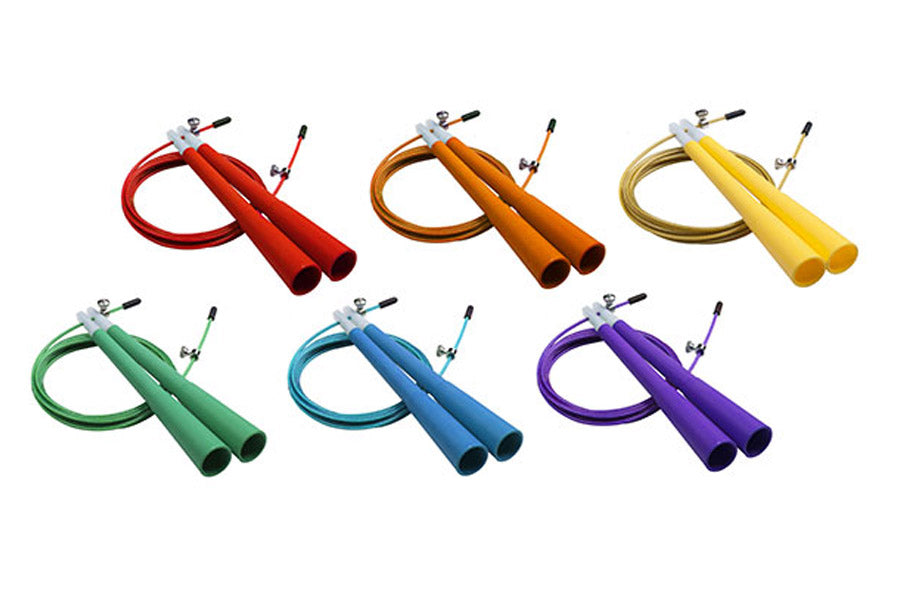 Six speed jump ropes in red, orange, yellow, green, blue, and purple with foam handles and coiled cords on white background