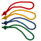 Set of five braided jump ropes in red, yellow, navy blue, and green with knotted handles on white background