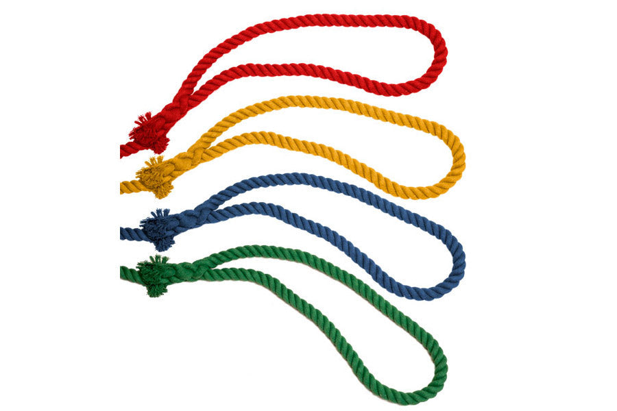 Set of five braided jump ropes in red, yellow, navy blue, and green with knotted handles on white background